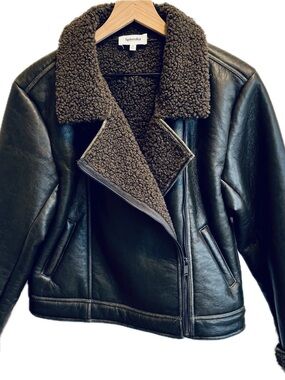 Splendid Black Faux Leather Jacket with Brown Shearling Collar